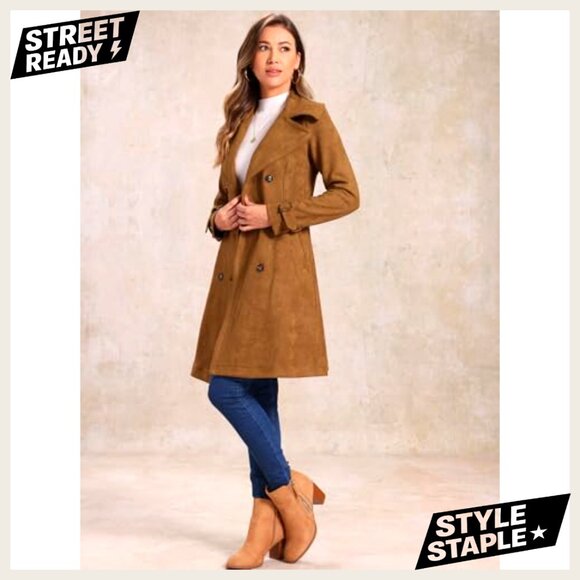 Faux Suede Trench Coat Double Breasted Overcoat Adjustable Belt Knee Length - Picture 3 of 5
